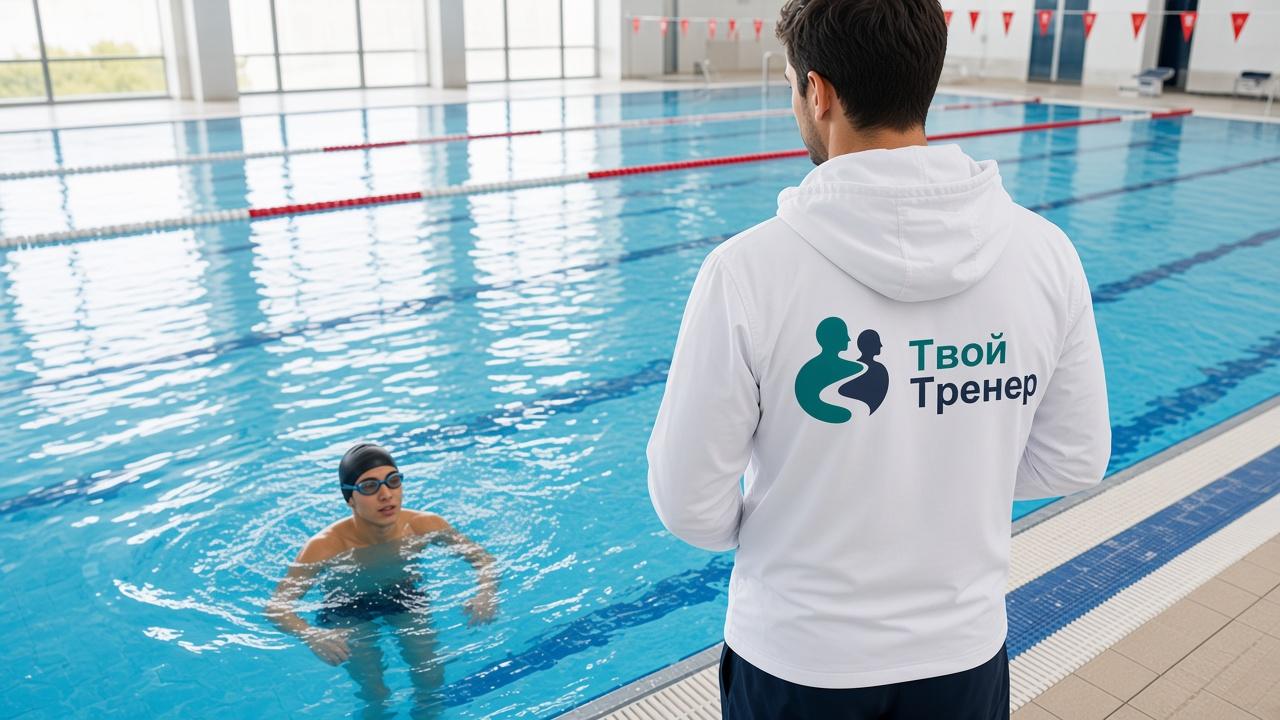 Инструктор плавания у бассейна в куртке с логотипом Твой Тренер