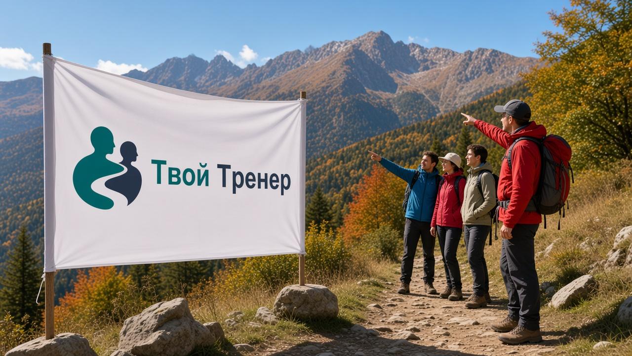 Гид на тропе Красной Поляны у белого баннера с логотипом Твой Тренер