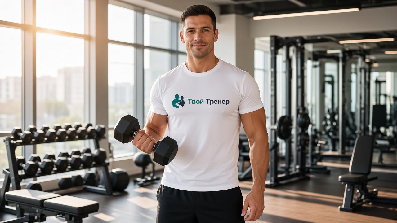 Фитнес-инструктор в зале в футболке с логотипом Твой Тренер